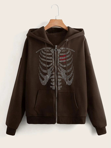 Sweat-shirt à capuche marron zippé avec motif squelette en strass, unisexe, décontracté, en polaire, coupe classique pour l'automne - Product Image 1