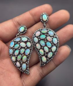 Ethiopian Opal Diamond Earring Pave Diamond Earrings 925 Sterling Silver Handmade <b>Oxidized</b> Dongle Diamond Earring Gift For Her - Product Image 1