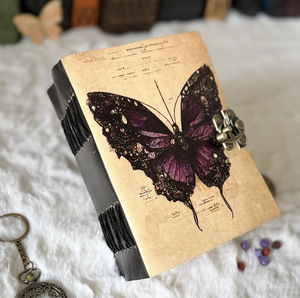 Vintage Leather Hardcover Journal With Purple Butterfly Design Antique Deckle Edge Sewn Binding Gift Book - Product Image 1