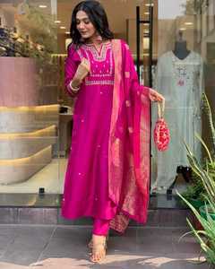 Orange Embroidered Sequins Work <b>Kurta</b> Pant Set Dupatta <b>Women</b> Indian Pakistani Traditional Casual Wedding Wear Regular Fit Ankle - Product Image 3