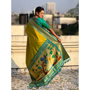 Mehendi Green Soft Silk Paithani Zari Woven Ethnic Saree <b>Shawl</b> with Intricate <b>Indian</b> Design - Product Image 4