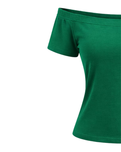 T-shirt vert émeraude pour femme, épaules dénudées, manches courtes, coupe ajustée, décontracté, haut d'été, tee-shirt tendance pour femme, fabricant OEM personnalisé - Product Image 3