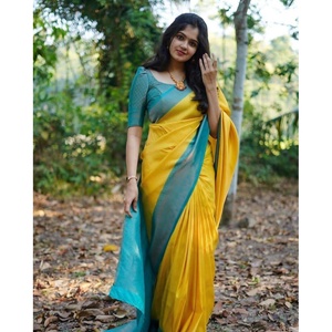 DISEÑADOR BANARASI SEDA ORO ZARI TEJIDO TRABAJO SAREE CON BLUSA SIN COSTURA AMARILLO - Product Image 1