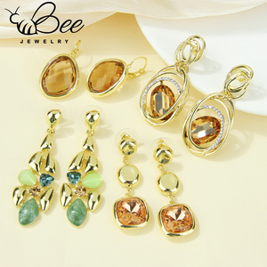 Vintage Retro French Style Big <b>Crystal</b> <b>Stud</b> <b>Earrings</b> 14k Colored Elegant Copper Long Drop <b>Earring</b> For Evening Party - Product Image 6