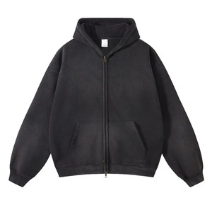 Latest Customized Logo Men Acid Washed Zipper Hoodies OEM Vintage Men's Pullover Hoodie Blank 500 GSM Fleece Plain Dyed Winter - Product Image 2