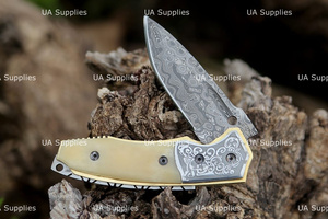 UA Supplies Industrial Grade Damascus Steel Folding <b>Knife</b> Clip Point Blade Thumb Knob Other <b>Handle</b> 7.5 Inches Overall Length - Product Image 3