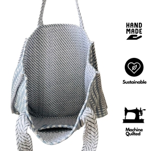 Bolso Tote Estilo Bohemio con Estampado a Mano en Cuadros Azules Pastel |   Bolso de compras acolchado de algodón para verano/otoño/invierno, para uso diario - Product Image 2