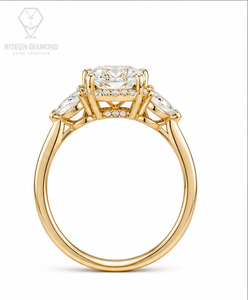 Luxurious cushion halo ring in 18K yellow gold with dazzling cushion diamond round halo and pear side stones couture brilliance - Product Image 3