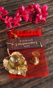 Divine Blessings Pooja Gift Set Handcrafted Hanuman Chalisa Wooden Book with Brass Diya and Bell Devotional Return Gift - Product Image 3
