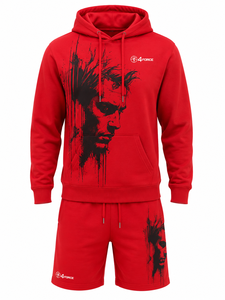 4FORCE <b>Men's</b> Red <b>Hoodie</b> & <b>Shorts</b> <b>Set</b> Fleece Printed Face Design Casual Autumn Wear <b>Men</b> Hoodies & <b>Shorts</b> - Product Image 1
