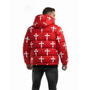 Veste matelassée à capuche pour homme avec imprimé croix rouge, manteau d'hiver bouffant, streetwear tendance, épais et chaud, logo personnalisé OEM - Product Image 2