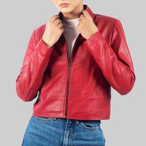 Veste en cuir véritable respirante pour femme Kristin, rouge, avec col montant - Veste en cuir rouge - Product Image 3