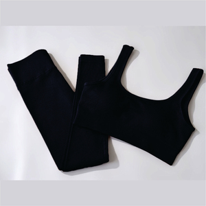 <b>Black</b> 2 Piece Yoga Set Scoop Neck Racerback Crop <b>Top</b> High Waist Seamless Shorts Solid Color Spandex Polyester - Product Image 2