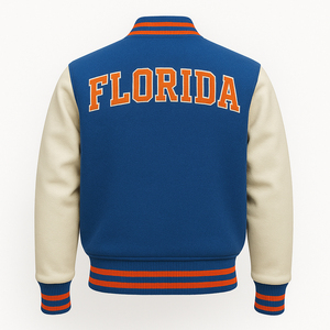 Chaqueta Universitaria Personalizada Azul y Blanca para Hombre, Chaqueta Bomber de Béisbol para Escuela Secundaria y Universidad con Parches de Chenilla Florida - Product Image 5