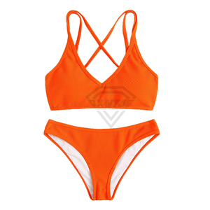 Women's Orange Bikini Set <b>Crossed</b> Halter <b>Top</b> Thong Bottom Solid Color Stretch Swimwear ladies bikini two piece set - Product Image 1