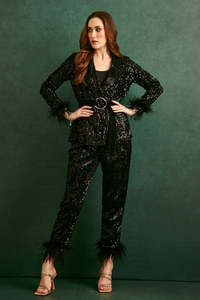 Ensemble pantalon et blazer pour femme, très résistant, orné de paillettes, avec ceinture à plumes, tenue deux pièces sexy pour club, manches longues - Product Image 2