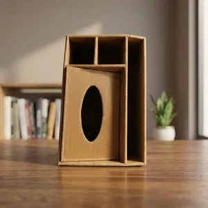 Caja de pañuelos de madera con apertura ovalada y compartimentos de almacenamiento para organizar el escritorio - Product Image 5