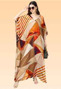 Robe Kaftan Courte pour Femme – Imprimé Paon Ethnique Jaune et Vert, Tunique Ample Festive - Product Image 3