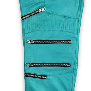 Pantalon de motard turquoise pour homme, taille haute, coupe droite, avec fausses fermetures éclair, en polyester mi-lourd, idéal pour l'été - Product Image 5