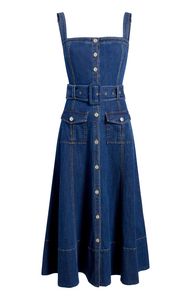 Robe en jean bleu sans manches, plissée à plusieurs niveaux, longueur midi, boutonnée sur le devant, style dos nu, pour les occasions décontractées et les soirées - Product Image 1