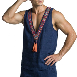 Men's Tribal Style Deep V-Neck Tank Tops Wholesale Price Customizable Sleeveless Shirt Tassel Ethnic Embroidery Trim Tank Tops - Product Image 5