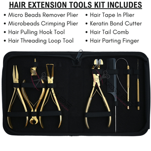 High Quality Gold Salon hair Extension Tool Kit with Microbeads Crimping Plier Bond Cutter Hair Pulling <b>Hook</b> <b>loop</b> and Tail Comb - Product Image 2