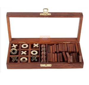 Juego de Mesa Tic Tac Toe de Madera Hecho a Mano con Piezas de Latón XO, Dominó y Dados, en Caja de Madera, Decoración para Mesa o Escritorio - Product Image 1