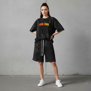 Oversized Drop Shoulder Women's 2 Piece Set 100% Cotton acid wash Streetwear Hip Hop Regular Fit Casual Dress - Product Image 1