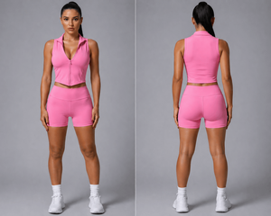 Women <b>2</b> <b>Piece</b> Sports Wear <b>Set</b> Sleeveless Zipper Top High Waist Shorts Solid <b>White</b> Activewear Fitness Outfit Sporty Style - Product Image 6