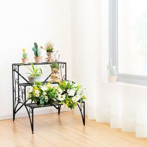 Supporto per Piante a 3 Livelli in Metallo con Ripiani a Griglia Allargati per Esposizione in Veranda e Giardino - Product Image 2