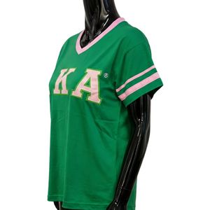 เสื้อยืดคอวีลายทางสีเขียวชมพู แขนสั้น สไตล์ลำลอง พิมพ์ลายตัวอักษร แฟชั่นสตรีทแวร์ เสื้อผ้าผู้หญิงทันสมัย - Product Image 4