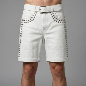Pantalones cortos de cuero con pedrería estilo motero para hombre, de cuero auténtico, hasta la rodilla, casuales, para montar, con bolsillos, ¡los más vendidos! - Product Image 4