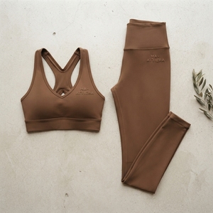 Conjunto Deportivo de Dos Piezas para Mujer, Sujetador Deportivo Marrón con Cuello en V, Leggings de Cintura Alta, para Yoga, Gimnasio, Fitness, Ejercicio - Product Image 3