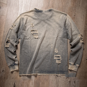 เสื้อยืดโอเวอร์ไซส์ผ้าฝ้ายถักแบบย้อนยุคพิมพ์ลายเองสไตล์สตรีทแวร์ตกแต่งด้วยคริสตัลและลายขาดแบบวินเทจสำหรับผู้ชาย - Product Image 2
