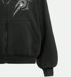<b>Black</b> Hooded Zip-Up Sweatshirt With Rhinestone <b>Heart</b> Wings Design Oversized Casual Unisex Autumn Wear - Product Image 2