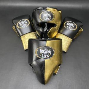 No Boxing No Life Lace-Up Premium Leather Boxing <b>Gloves</b> Set Professional Sparring Training Head Guard & Groin Guard Cup Protect - Product Image 1
