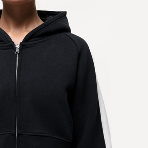 Sweat-shirt court zippé à capuche pour femme, noir, color-block, manches longues, tricoté, décontracté, pour l'automne - Product Image 3