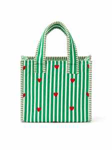 Veer Handicrafts Green <b>White</b> Striped Quilted <b>Tote</b> <b>Bag</b> Red Hearts Embroidery Zipper Closure Fashion Canvas Shopping <b>Bag</b> All - Product Image 1