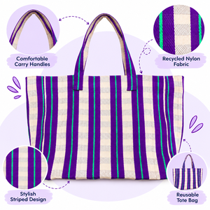 Sac fourre-tout en nylon recyclé, sac de courses réutilisable, sac de plage à rayures, sac à bandoulière écologique - Product Image 3
