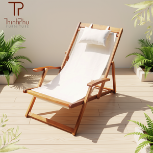 ThinhPhu Wooden Folding <b>Beach</b> <b>Chair</b> with Pillow Foldable <b>Recliner</b> for Swimming Pool & Villa Use Oxford Fabric Adjustable Sling - Product Image 1