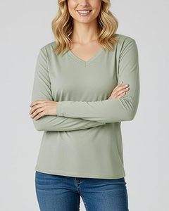 Classic Soft Fabric Everyday Shirt Premium Lightweight Daily <b>Top</b> Ladies Fashionable Basic Cotton Tshirt V Neck <b>Long</b> <b>Sleeve</b> - Product Image 1