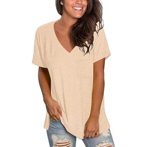 Haut de couleur pastel pour femme, col en V, manches courtes, coupe régulière, décontracté, urbain, avec poche, pour l'été - Product Image 1