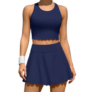 Women's <b>Navy</b> Blue Tennis Crop <b>Top</b> And Skirt Set Round Neck Sleeveless Moisture Wicking Breathable Summer Sport Wear - Product Image 1