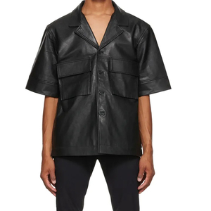 Chemise à manches courtes en cuir PU noir pour homme – Haut oversize style streetwear à col camp – Fabricant de vêtements OEM - Product Image 1