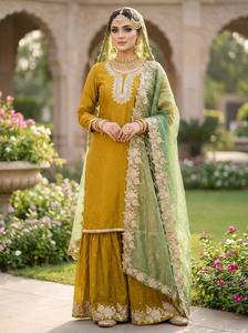 Ensemble de costume de mariage indien pakistanais traditionnel jaune moutarde avec dupatta brodée verte pour femmes - Product Image 2