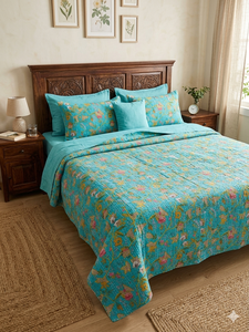 Couvre-lit imprimé floral et oiseaux, style bohème, moderne, toutes saisons, en denim patchwork, rembourrage en coton fait main, pour usage domestique - Product Image 2