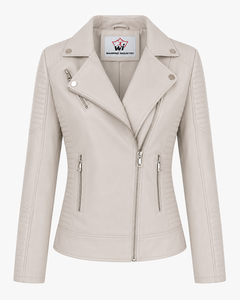 Women Ivory Faux Leather <b>Biker</b> <b>Jacket</b> Asymmetric Zip Quilted Panels Lapel Collar Slim Fit Casual Streetwear Fashion Outerwear - Product Image 5
