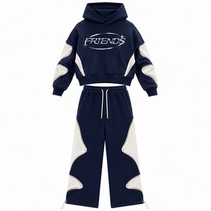 Ensemble sweat à capuche personnalisé avec logo, bleu marine et blanc, crop top oversize et pantalon large, unisexe, décontracté, pour l'automne - Product Image 1