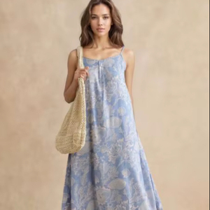 Vestido Largo Informal de Cuello Cuadrado y Color Sólido, Vestido de Lino y Algodón Holgado de Verano para Mujer, con Logotipo Personalizado de Alta Calidad, Sin Mangas - Product Image 1