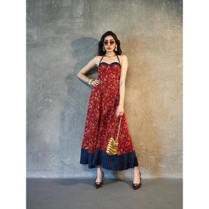 Vestido Maxi Ajustado y Evase 100% Algodón con Diseño de Bloques de Color, Transpirable, Ecológico, Cintura Definida, Falda Evase, ODM - Product Image 1